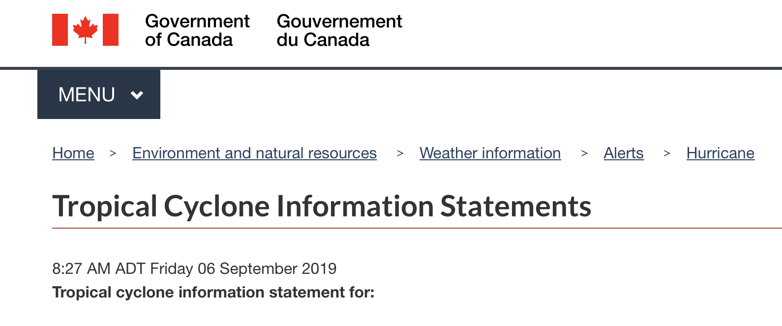 Screenshot of Environment Canada's Tropical Cyclone Information Statement