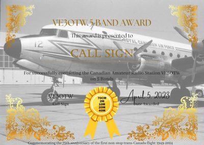 VE3OTW 5 Band Award DIplôme 5 bandes VE3OTW
