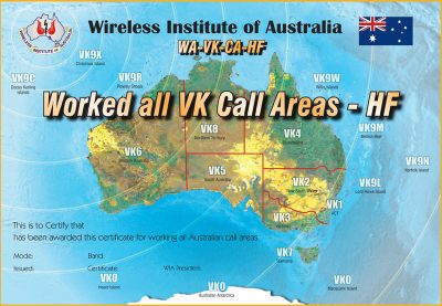 Worked All VK Call Areas Award. Diplôme Worked All VK Call Areas