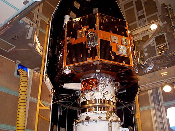 The IMAGE spacecraft undergoing launch preparations in early 2000. Credits: NASA