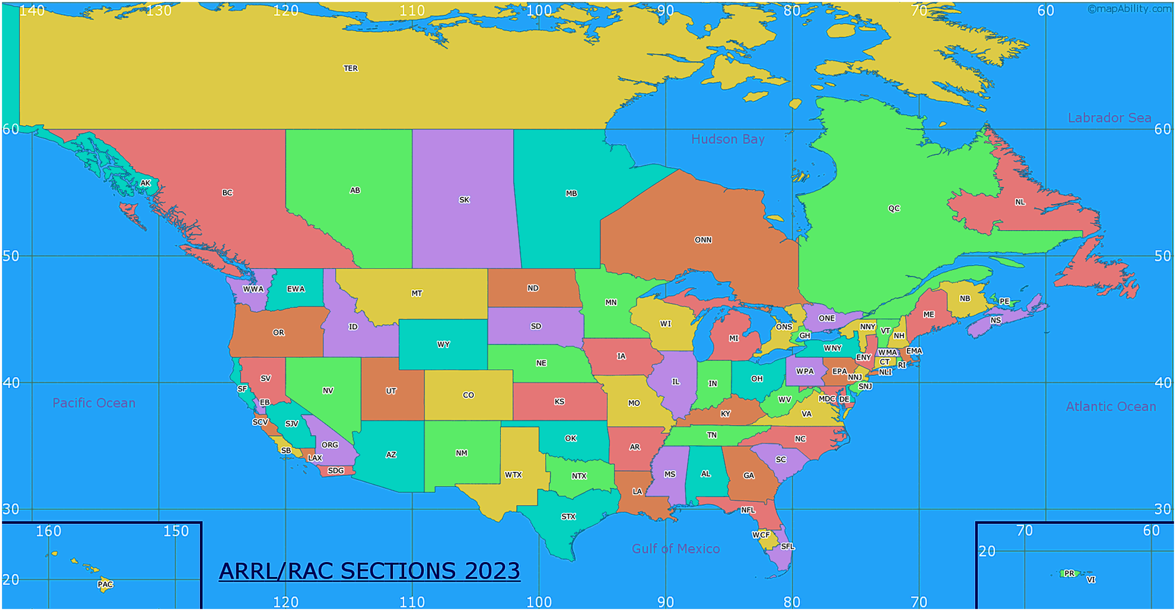 Map showing the RAC and ARRL Field Organization in Canada and the United States.